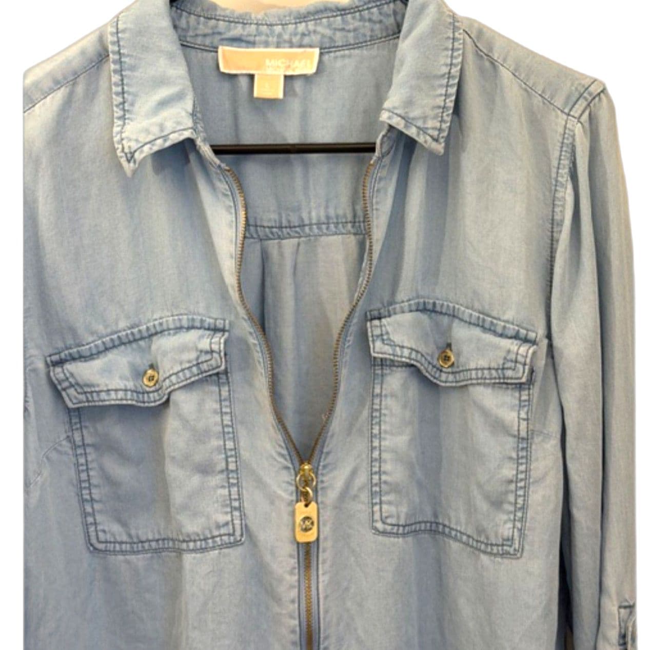 Michael Kors Chambray Zip Up Shirt Light Wash Denim Top Size L - Thumbnail 3