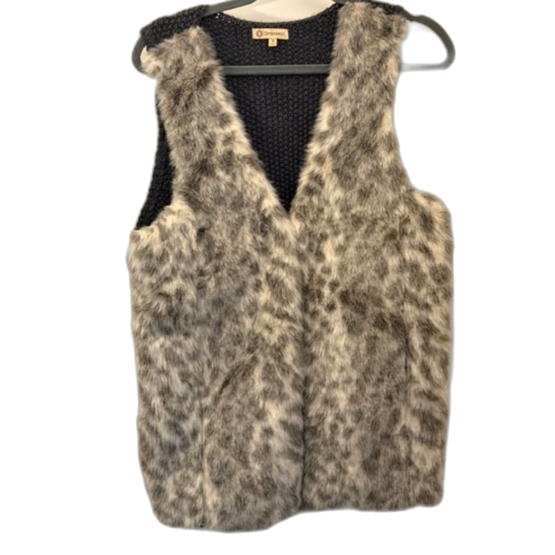 Democracy Faux Fur Vest Leopard Print Knit Back Cozy Layer Size M - Thumbnail 2