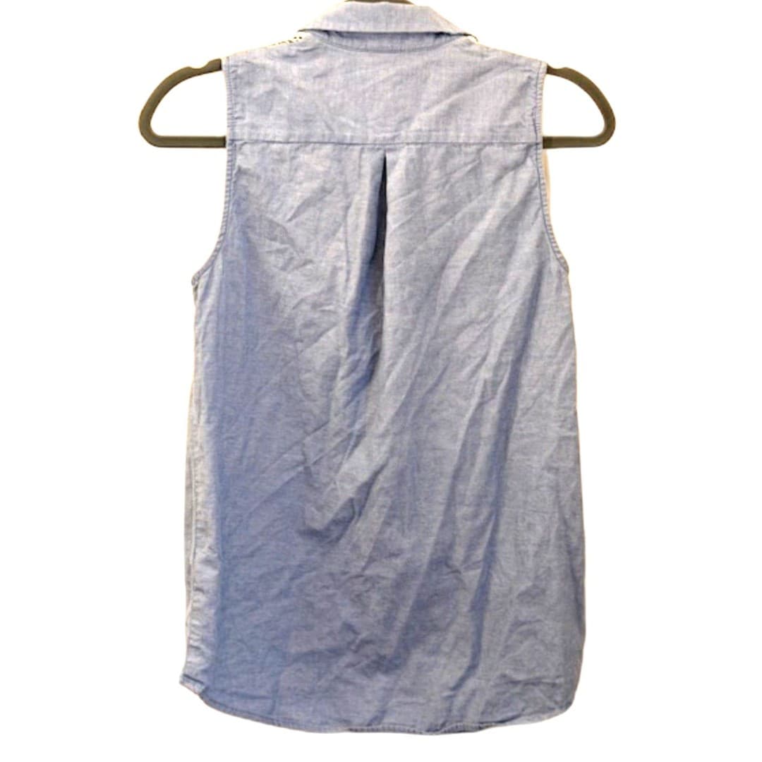H&M Chambray Sleeveless Shirt Top Lace Collar Button Front Blue Size 4 - Thumbnail 5