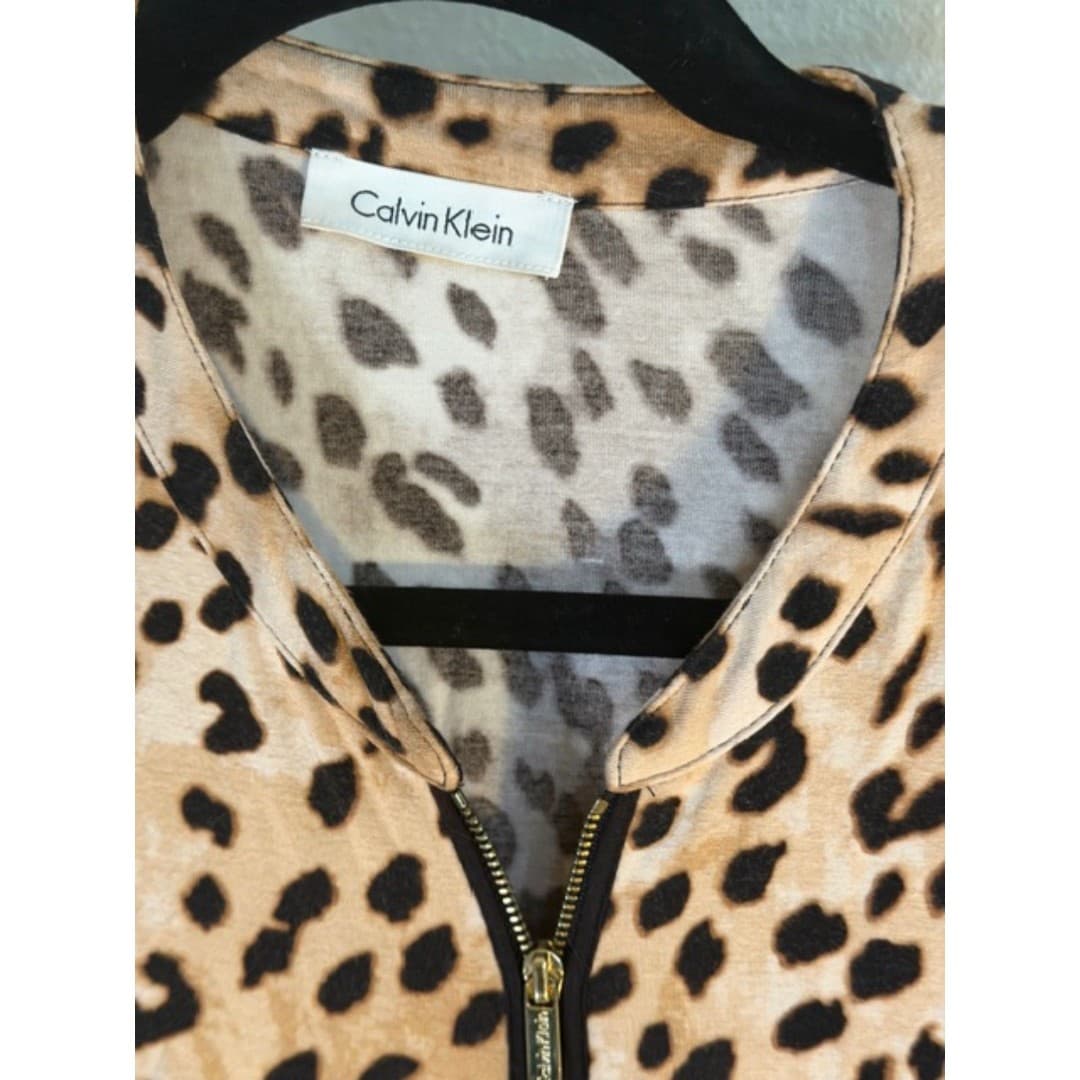 Calvin Klein Leopard Print Zip Front Blouse Top Brown Black Size XL - Thumbnail 5