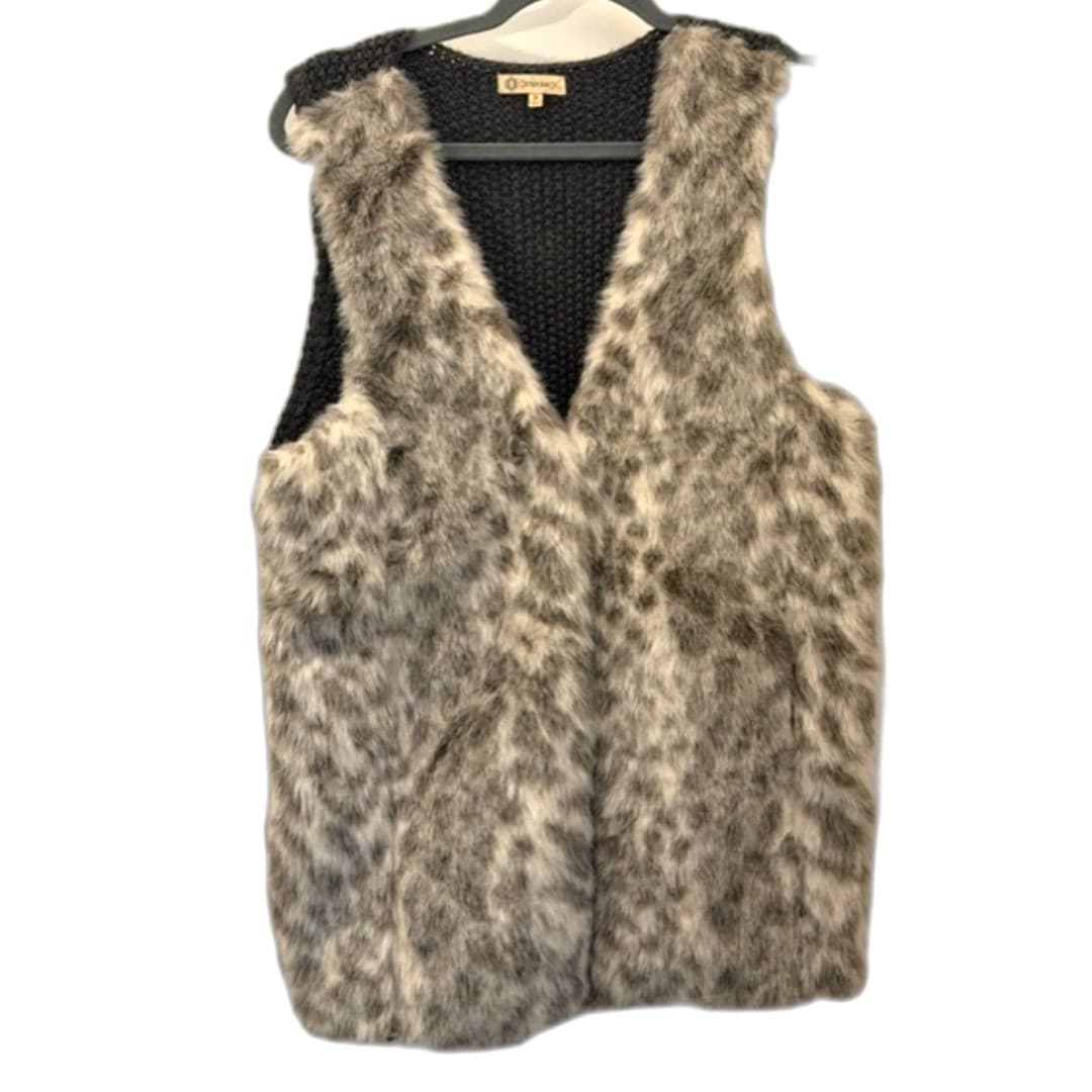 Democracy Faux Fur Vest Leopard Print Knit Back Cozy Layer Size M - Thumbnail 3