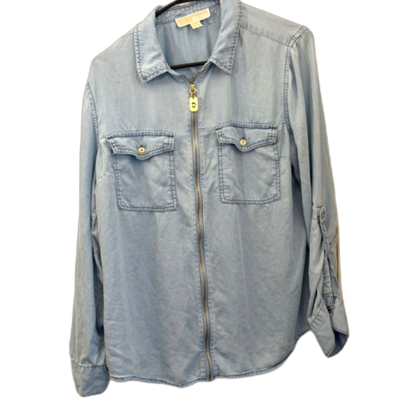 Michael Kors Chambray Zip Up Shirt Light Wash Denim Top Size L - Thumbnail 2