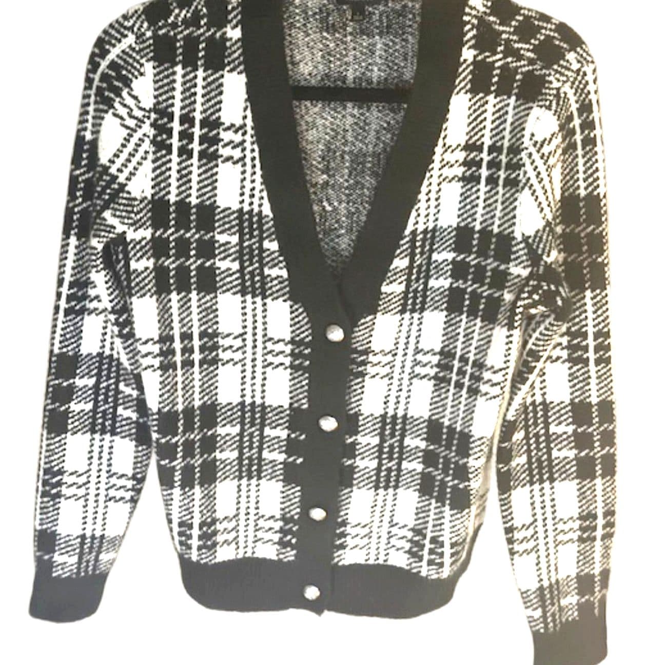 Talbots Plaid Cardigan Black White Button Front Classic Preppy Size S - Thumbnail 2