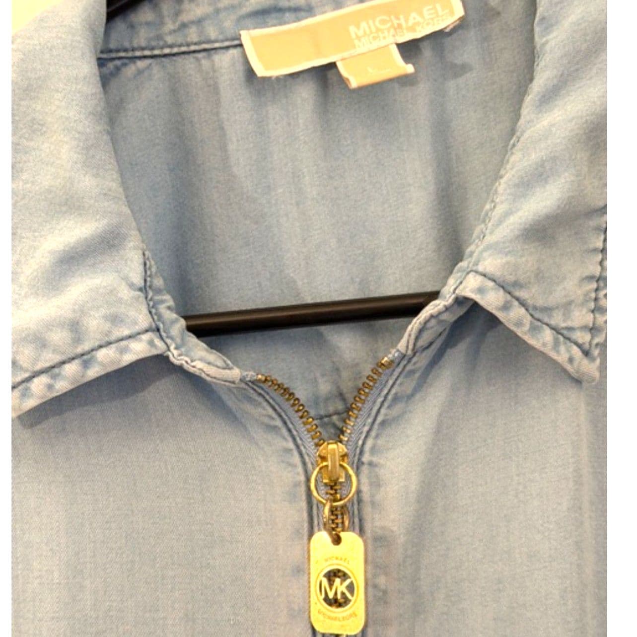 Michael Kors Chambray Zip Up Shirt Light Wash Denim Top Size L - Thumbnail 6