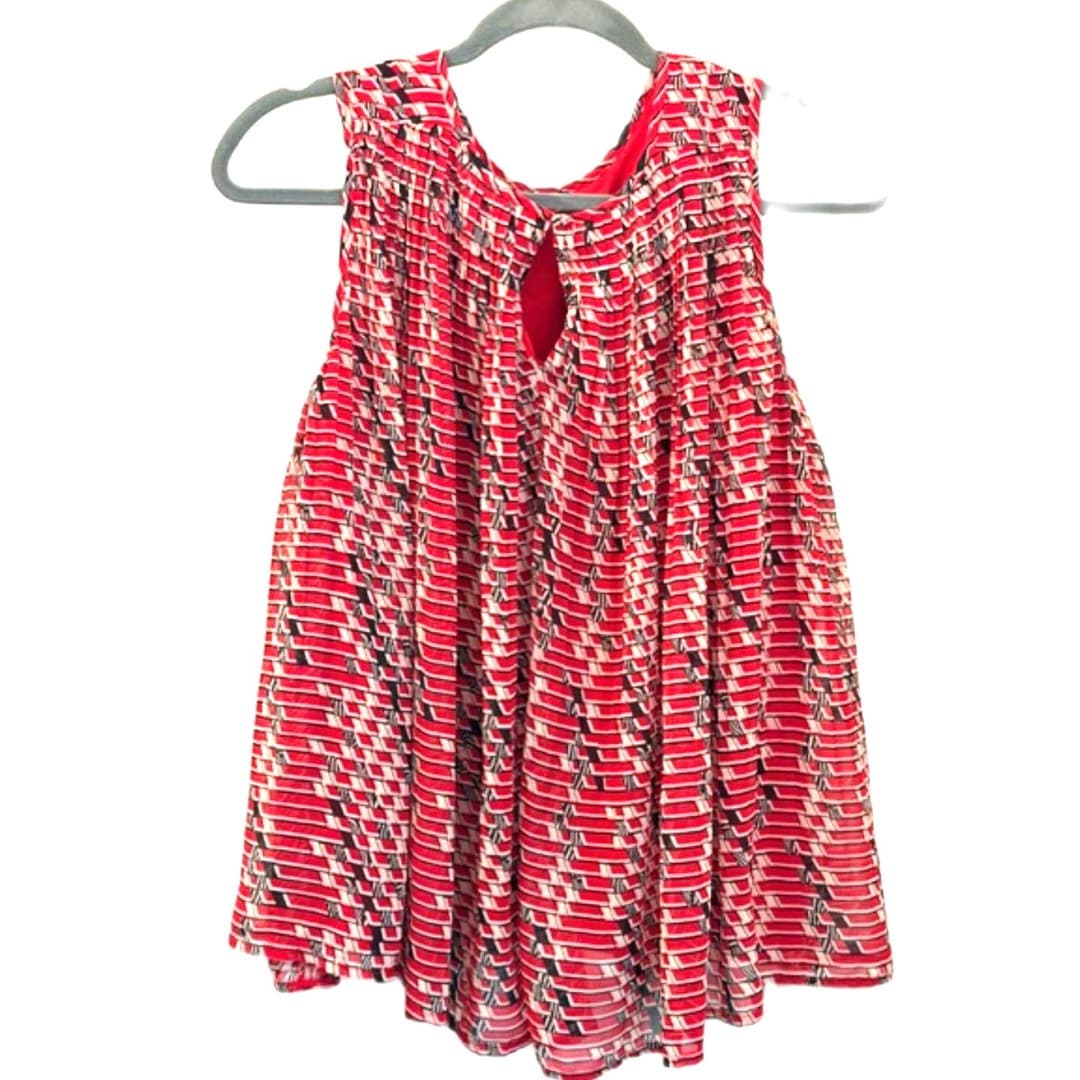Banana Republic Red Lined Printed Sleeveless Blouse Pleated Flowy Blouse (S) - Thumbnail 2