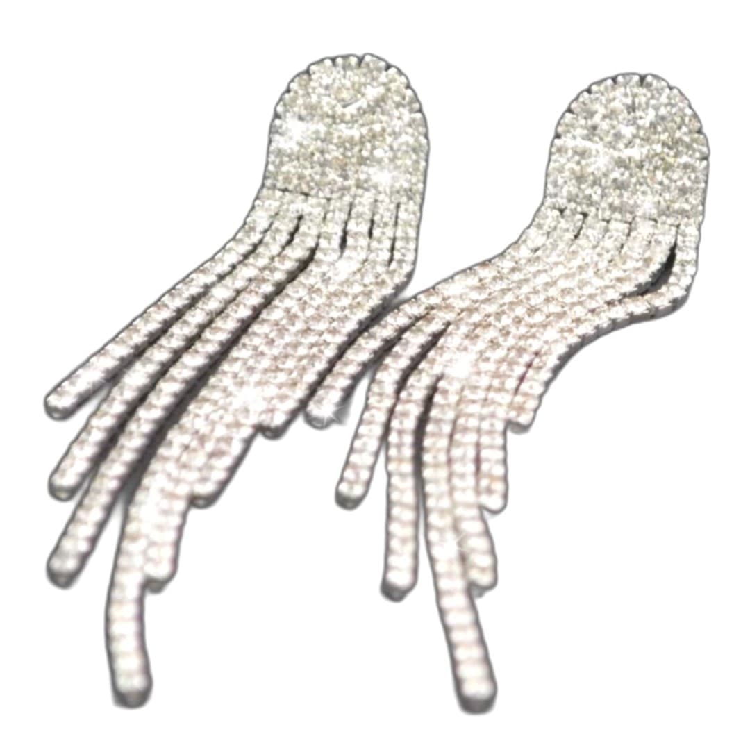 Rhinestone Fringe Statement Earrings Silver Tone Long Dangle Glam Jewelry - Thumbnail 2