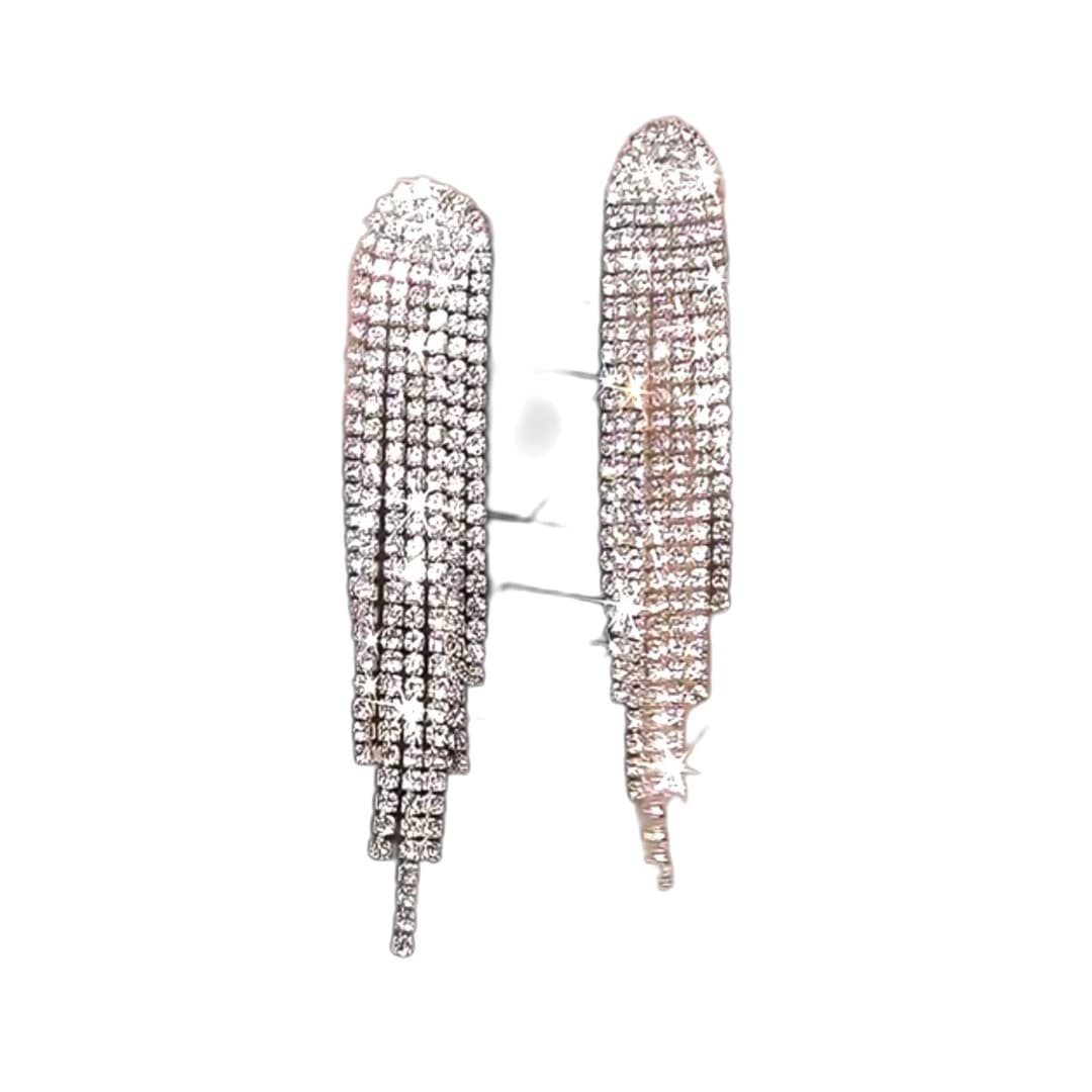 Rhinestone Fringe Statement Earrings Silver Tone Long Dangle Glam Jewelry - Thumbnail 4