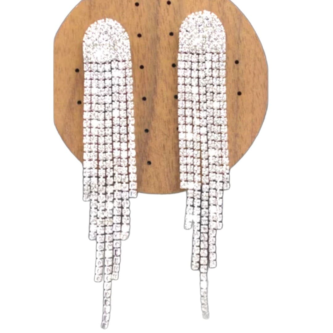 Rhinestone Fringe Statement Earrings Silver Tone Long Dangle Glam Jewelry - Image 1