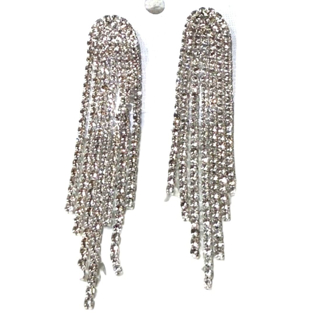 Rhinestone Fringe Statement Earrings Silver Tone Long Dangle Glam Jewelry - Thumbnail 3