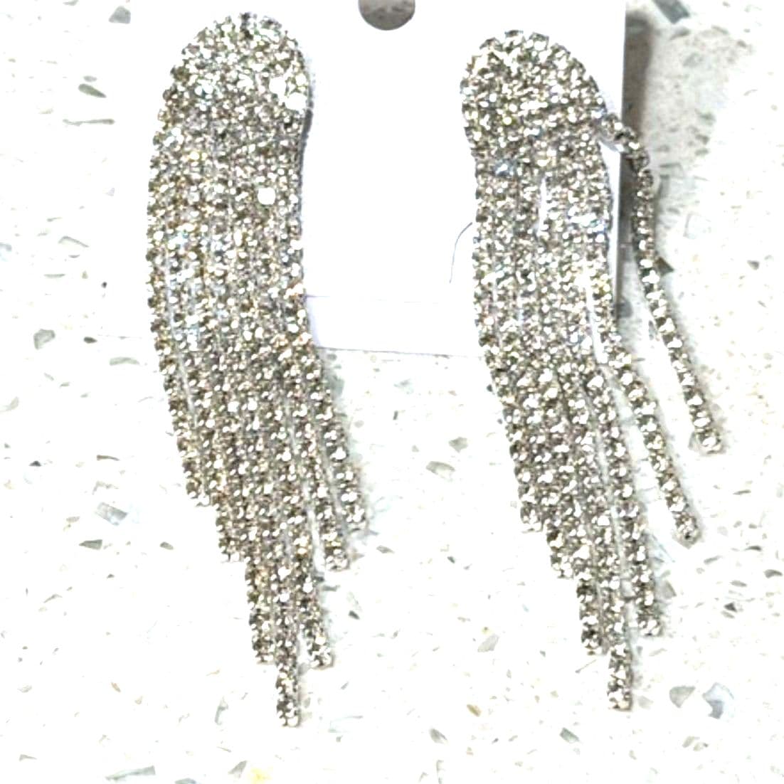 Rhinestone Fringe Statement Earrings Silver Tone Long Dangle Glam Jewelry - Thumbnail 6