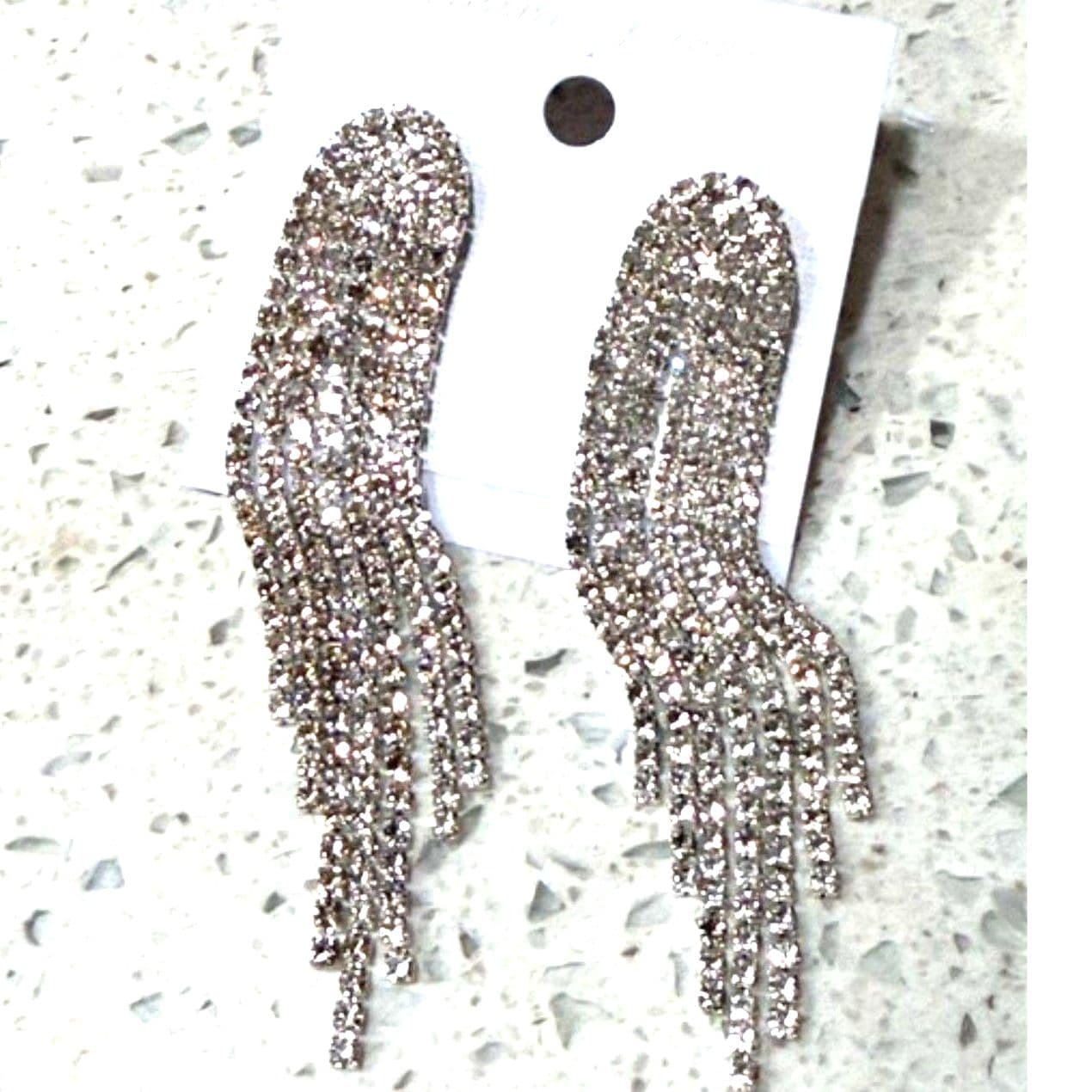 Rhinestone Fringe Statement Earrings Silver Tone Long Dangle Glam Jewelry - Thumbnail 7