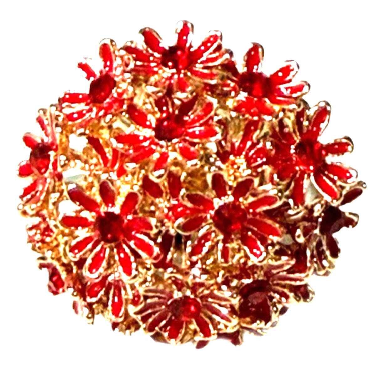 Red Floral Statement Ring Gold Tone Cluster Flower Cocktail Ring Adjustable Boho Style - Image 1