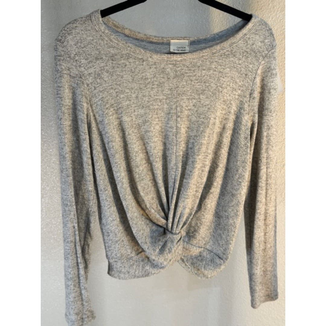 Caution to the Wind Gray Twist Front Crop Top Long Sleeve Soft Knit - Thumbnail 2