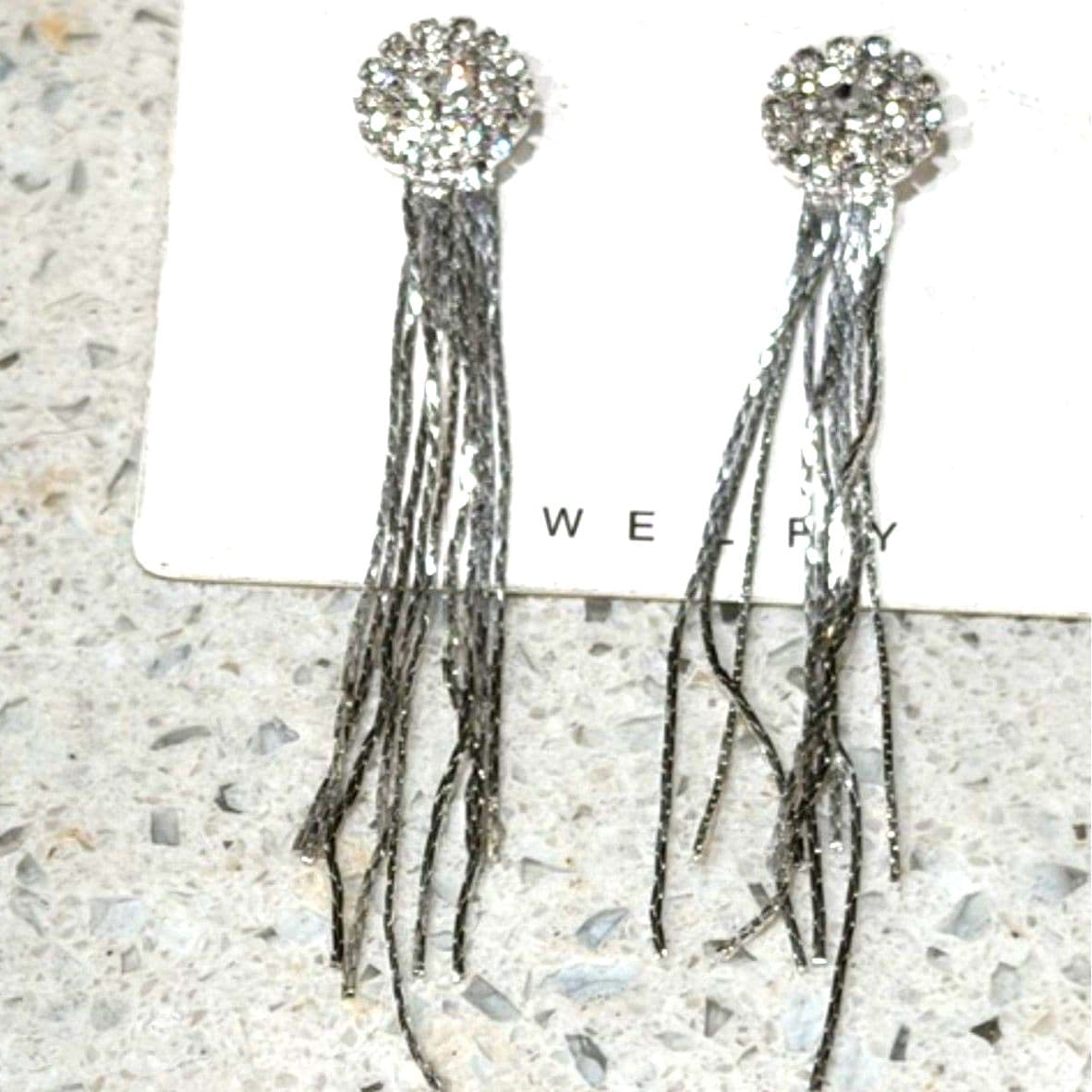 Statement Rhinestone Tassel Long Fringe Crystal Drop Earrings Silver Tone - Thumbnail 5
