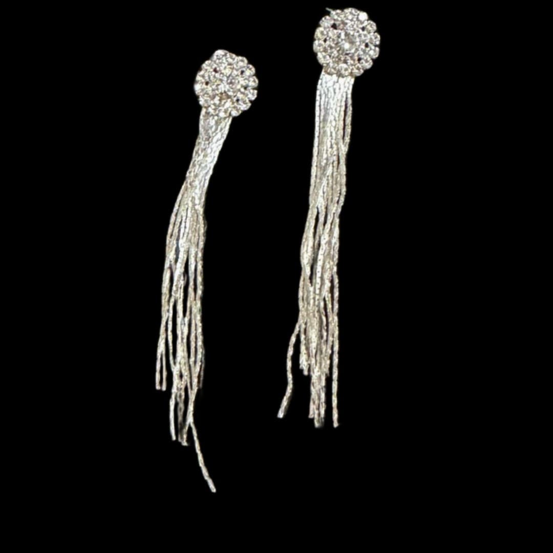 Statement Rhinestone Tassel Long Fringe Crystal Drop Earrings Silver Tone - Thumbnail 3