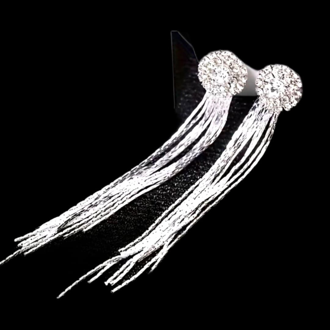 Statement Rhinestone Tassel Long Fringe Crystal Drop Earrings Silver Tone - Image 1