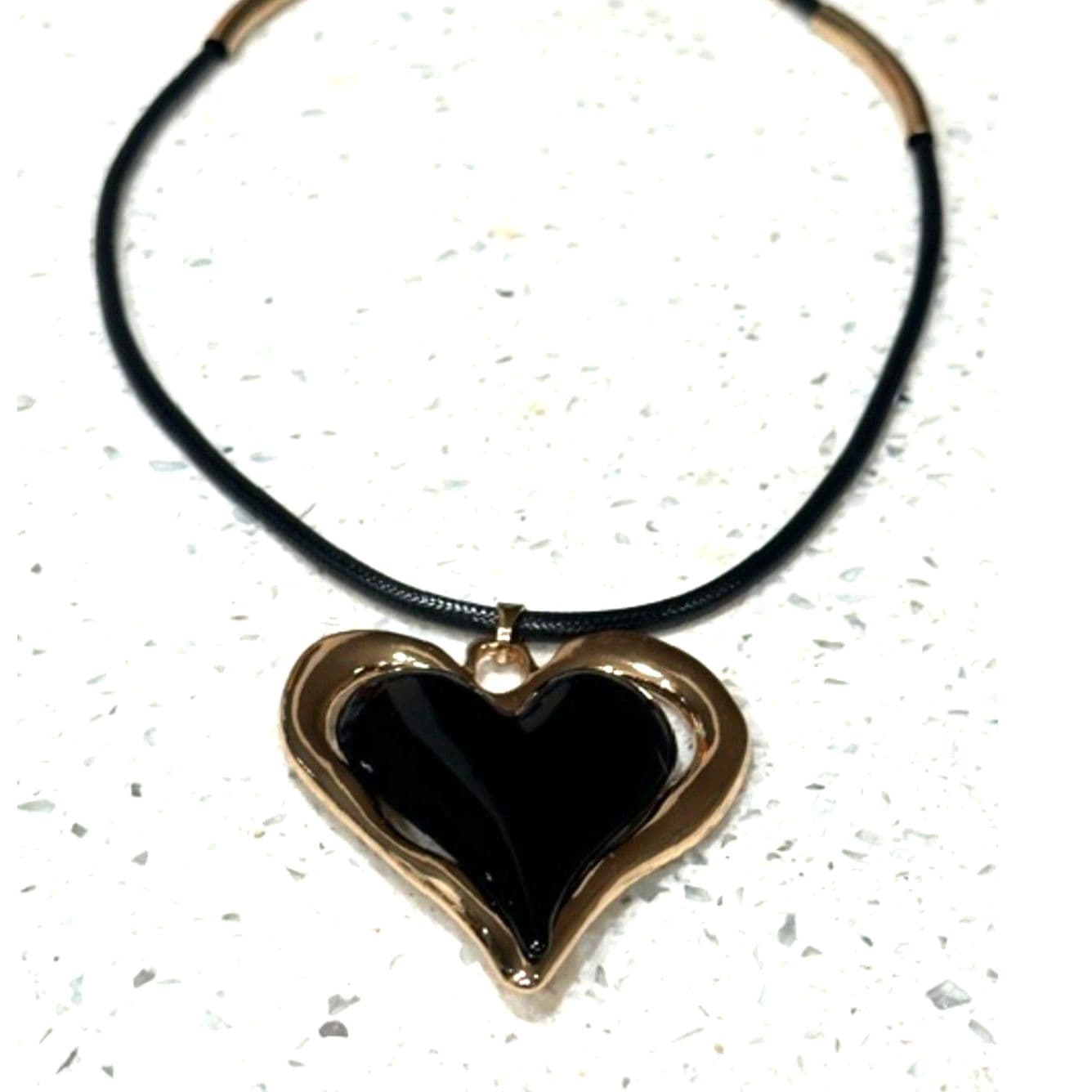 Black Heart Pendant Necklace Gold Tone Cord Necklace Statement Jewelry - Thumbnail 6