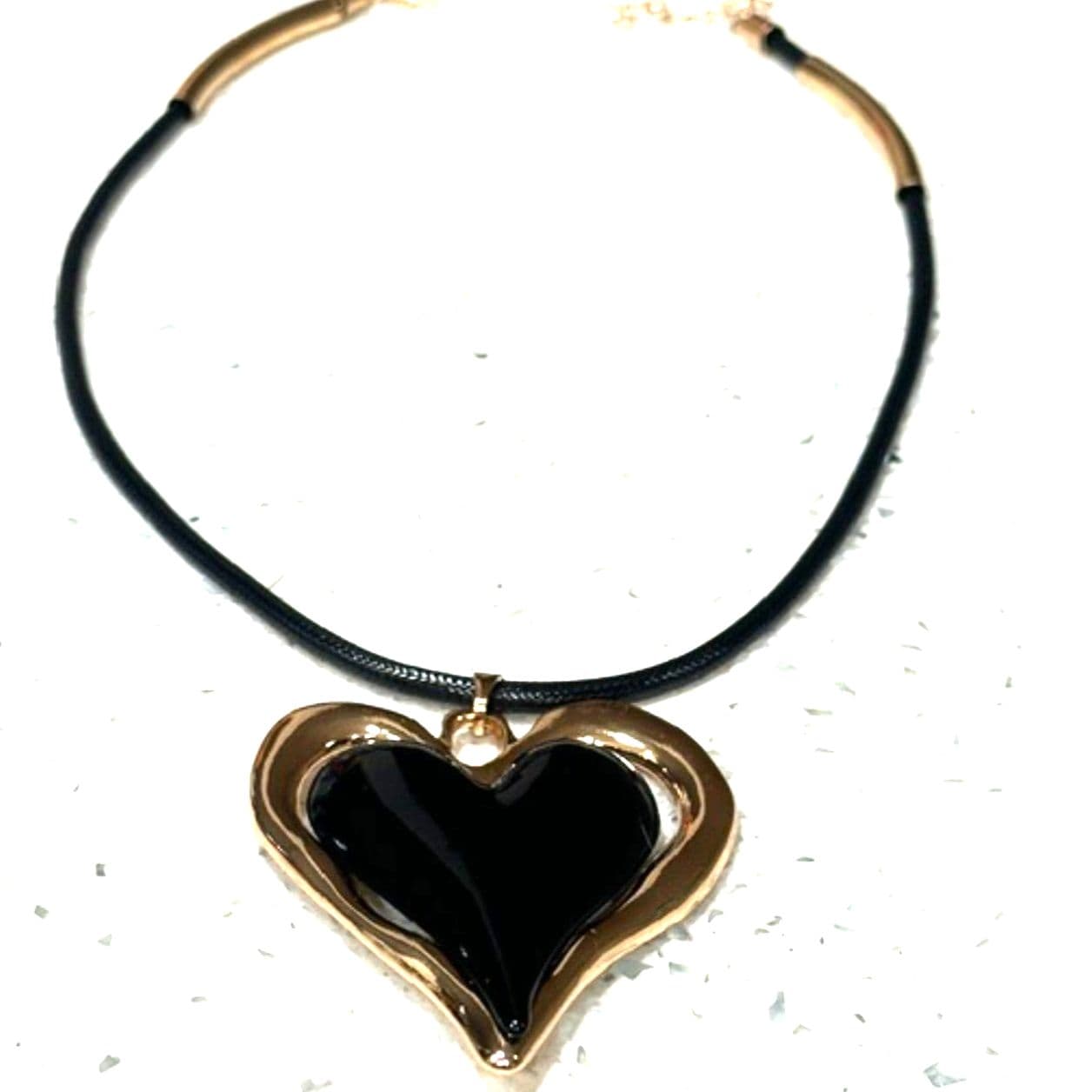 Black Heart Pendant Necklace Gold Tone Cord Necklace Statement Jewelry - Thumbnail 3