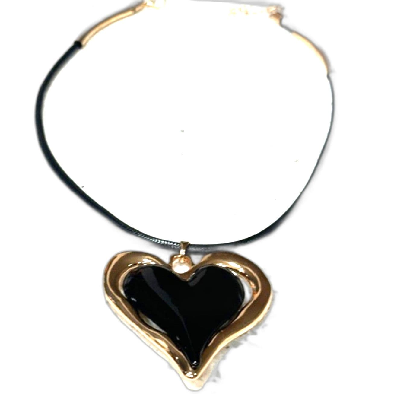 Black Heart Pendant Necklace Gold Tone Cord Necklace Statement Jewelry - Thumbnail 2