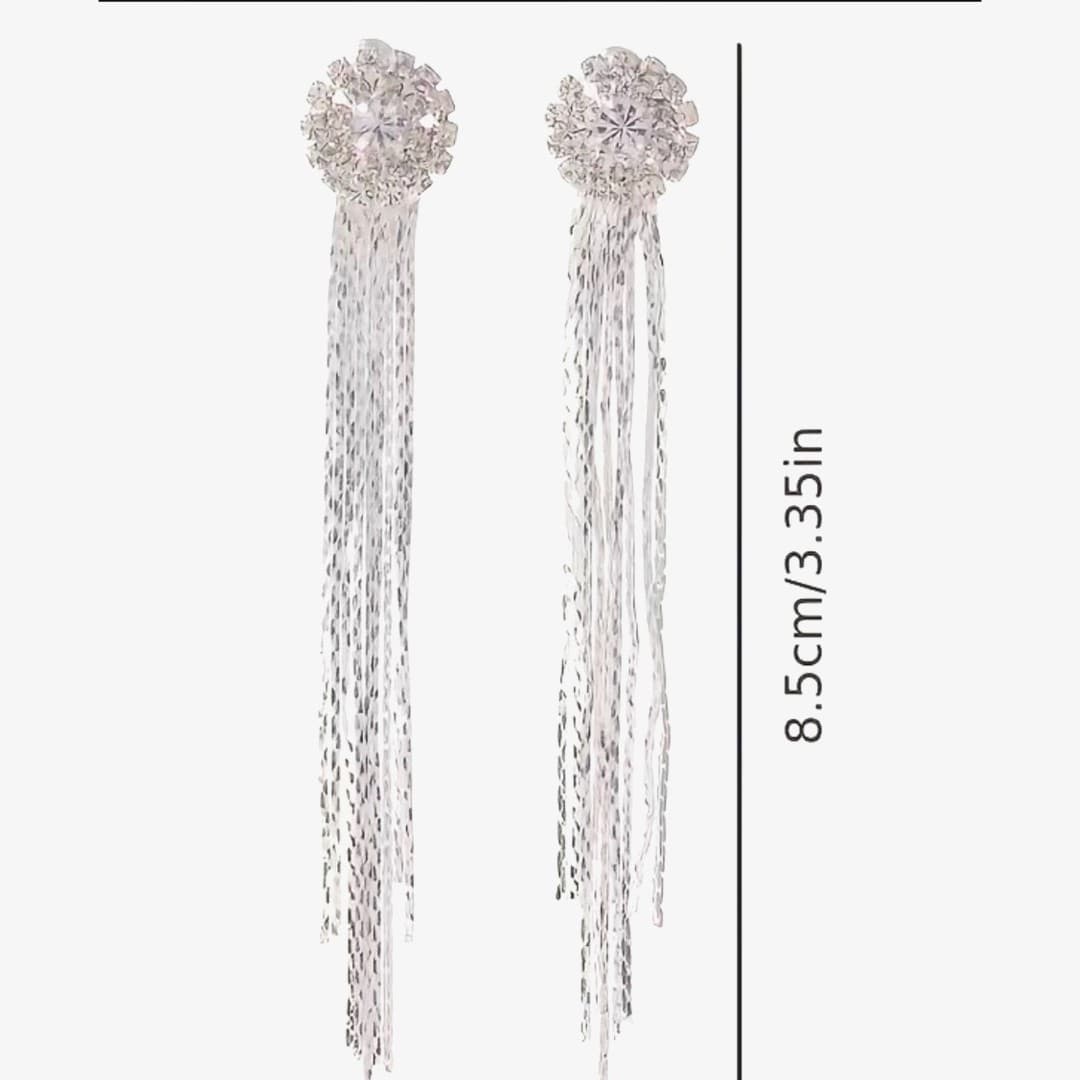 Statement Rhinestone Tassel Long Fringe Crystal Drop Earrings Silver Tone - Thumbnail 7