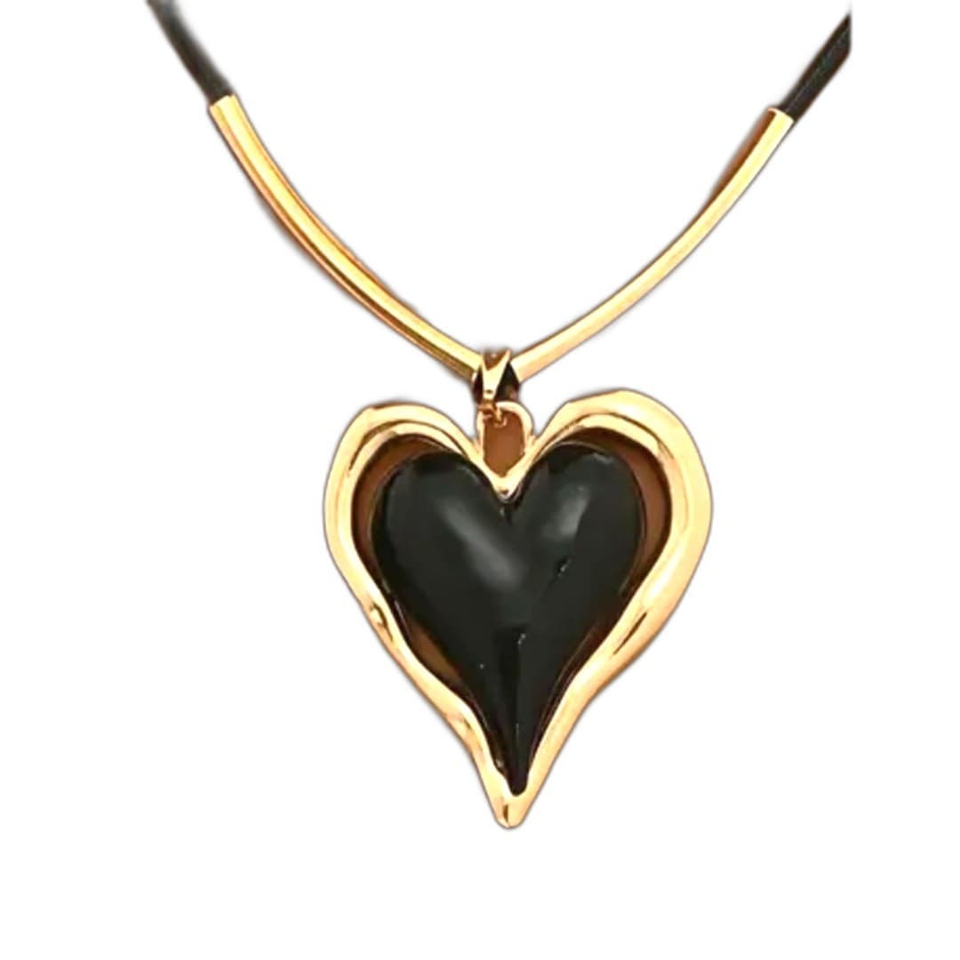 Black Heart Pendant Necklace Gold Tone Cord Necklace Statement Jewelry - Image 1