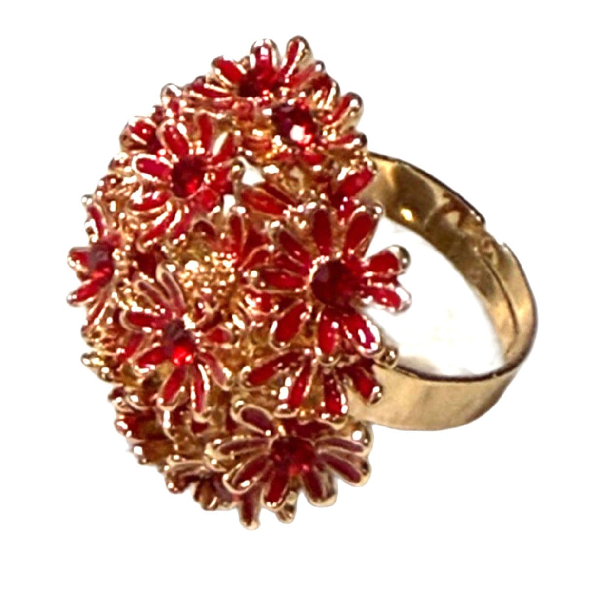 Red Floral Statement Ring Gold Tone Cluster Flower Cocktail Ring Adjustable Boho Style - Thumbnail 2