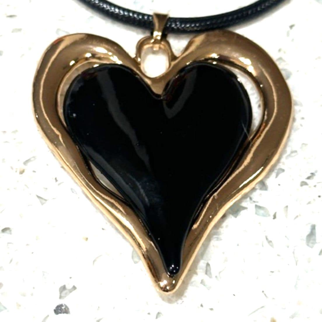 Black Heart Pendant Necklace Gold Tone Cord Necklace Statement Jewelry - Thumbnail 7