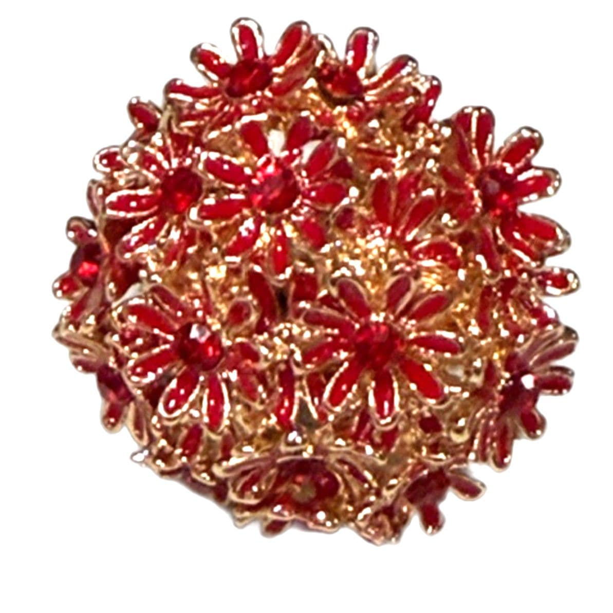 Red Floral Statement Ring Gold Tone Cluster Flower Cocktail Ring Adjustable Boho Style - Thumbnail 4