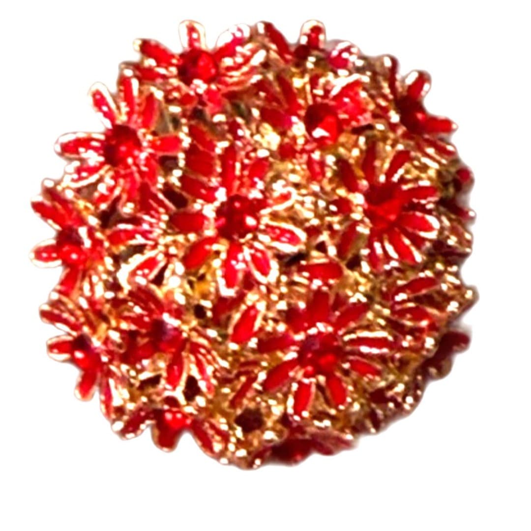 Red Floral Statement Ring Gold Tone Cluster Flower Cocktail Ring Adjustable Boho Style - Thumbnail 3