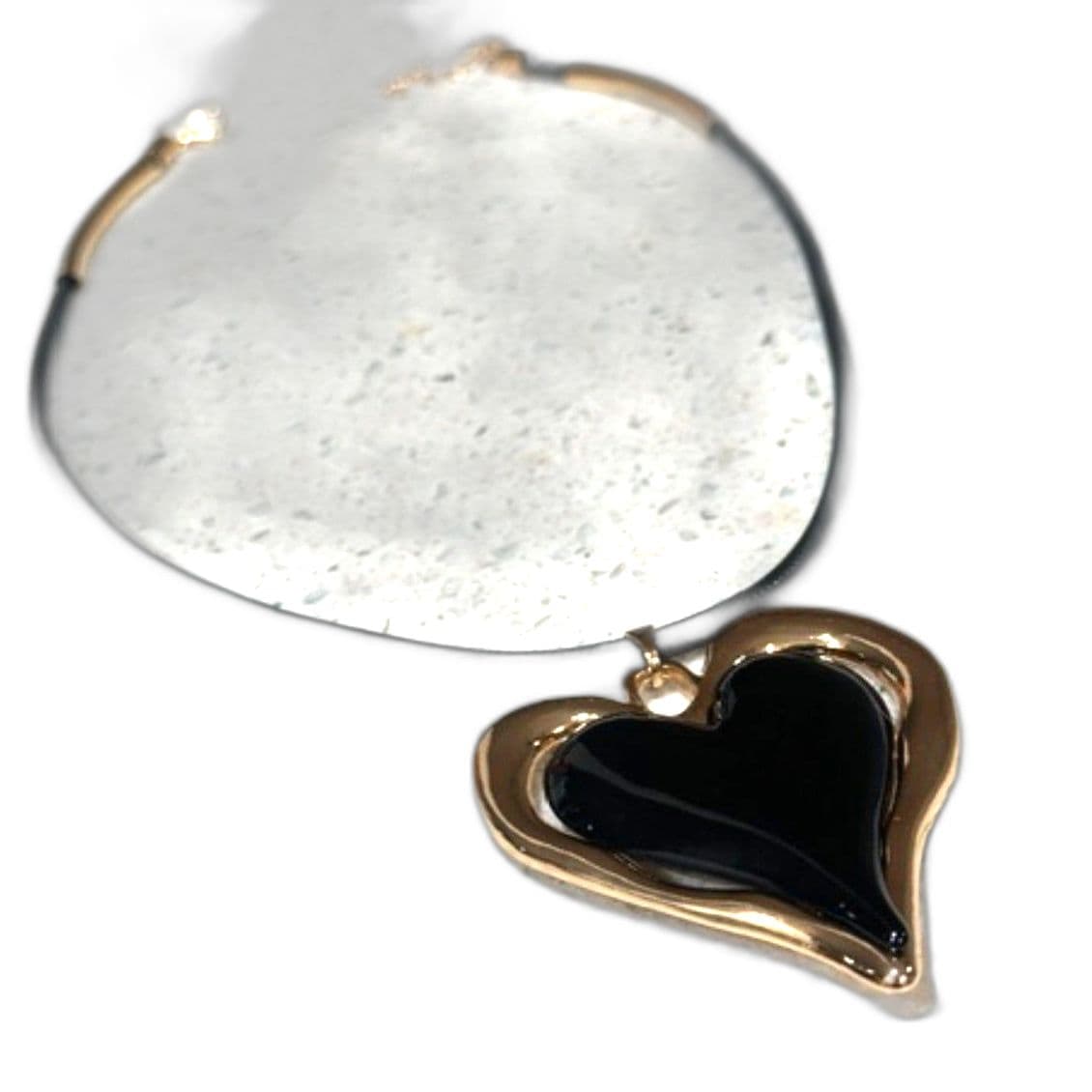 Black Heart Pendant Necklace Gold Tone Cord Necklace Statement Jewelry - Thumbnail 5