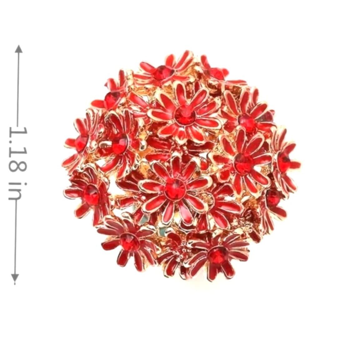 Red Floral Statement Ring Gold Tone Cluster Flower Cocktail Ring Adjustable Boho Style - Thumbnail 5