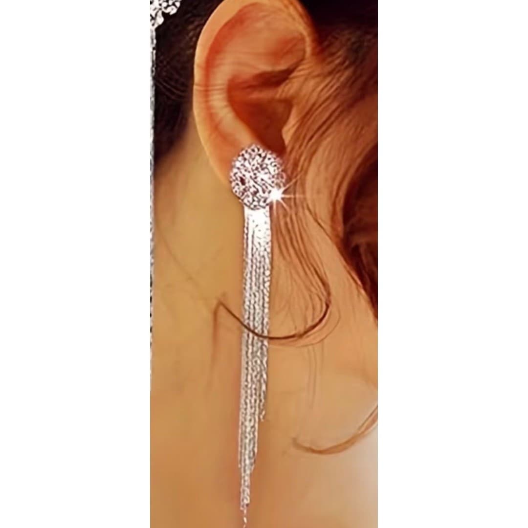 Statement Rhinestone Tassel Long Fringe Crystal Drop Earrings Silver Tone - Thumbnail 2
