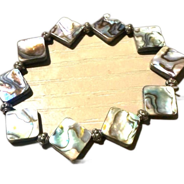 Abalone Shell Bracelet Iridescent Square Beads Statement Bracelet Boho Jewelry - Thumbnail 2