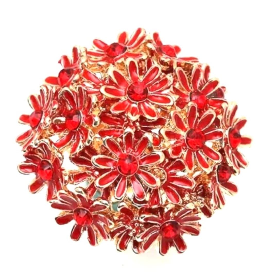 Red Floral Statement Ring Gold Tone Cluster Flower Cocktail Ring Adjustable Boho Style - Thumbnail 6