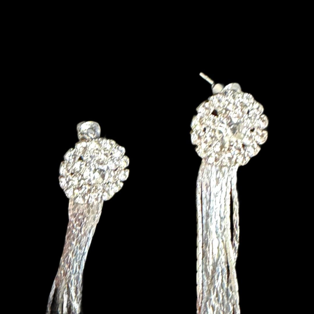 Statement Rhinestone Tassel Long Fringe Crystal Drop Earrings Silver Tone - Thumbnail 4
