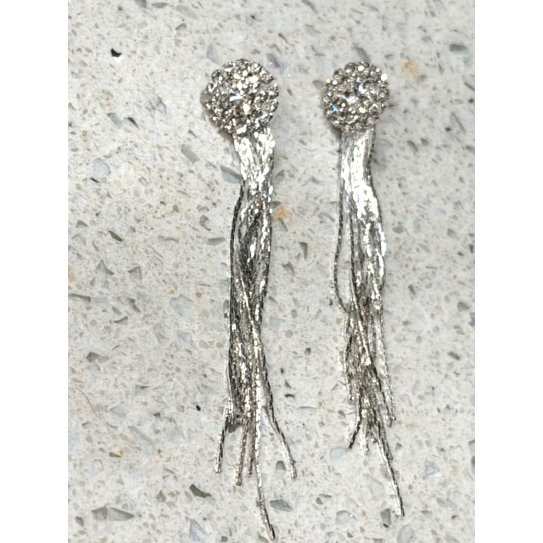 Statement Rhinestone Tassel Long Fringe Crystal Drop Earrings Silver Tone - Thumbnail 6