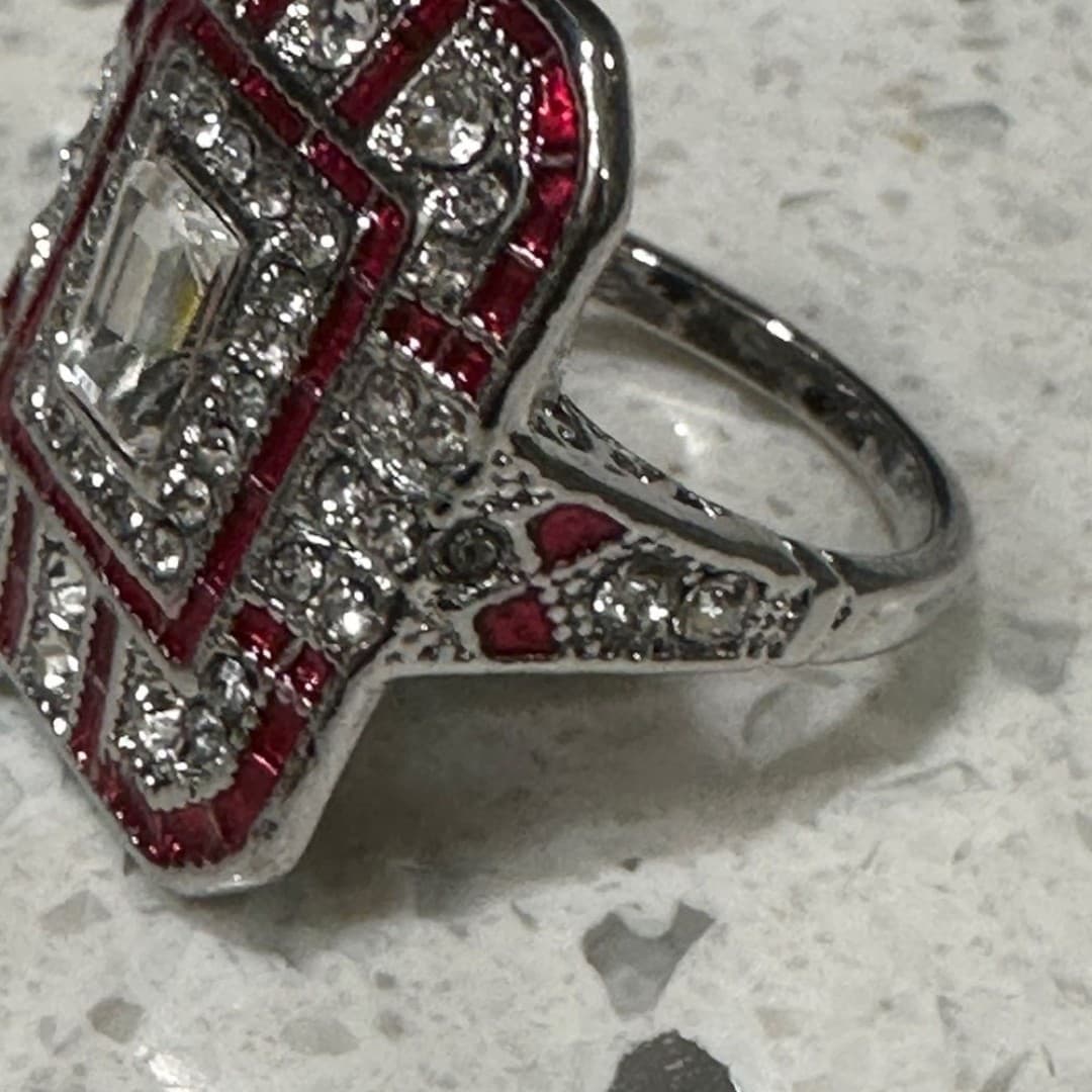 Elegant Silver Plating Ring with Red Synthetic Zirconia - Thumbnail 4