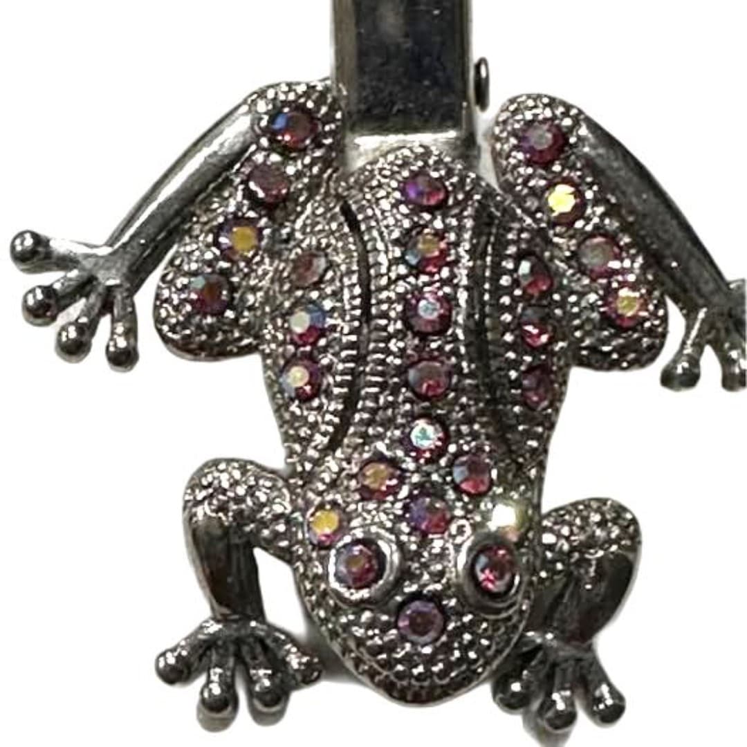 Elegant silver color frog hairpin with sparkling pink gemstones - Image 1