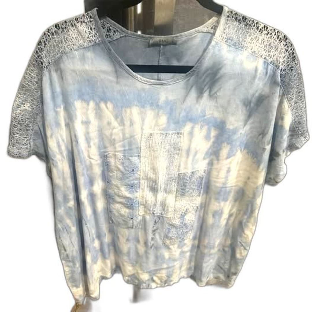 Tie-dye blue blouse with embroidery and lace and sequence - Image 1