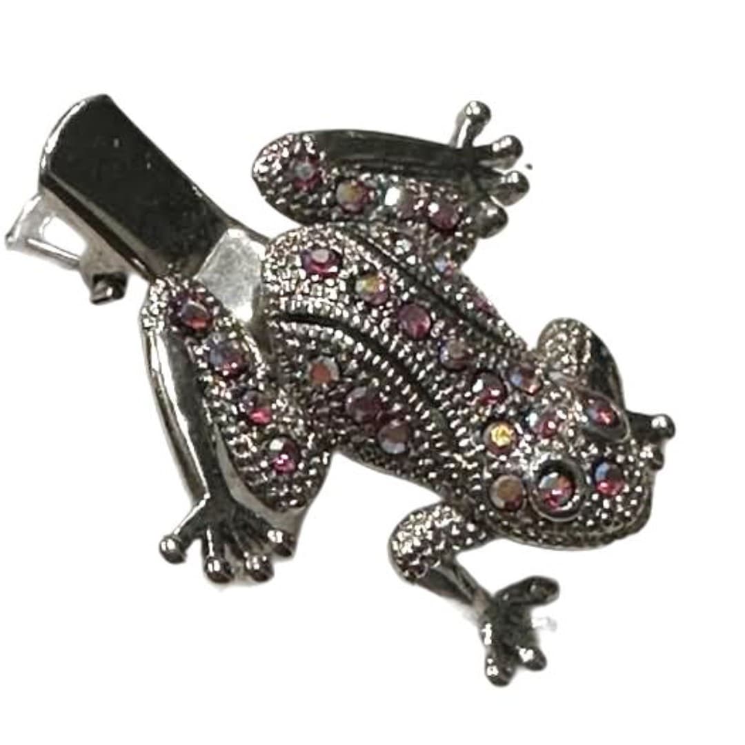 Elegant silver color frog hairpin with sparkling pink gemstones - Thumbnail 3