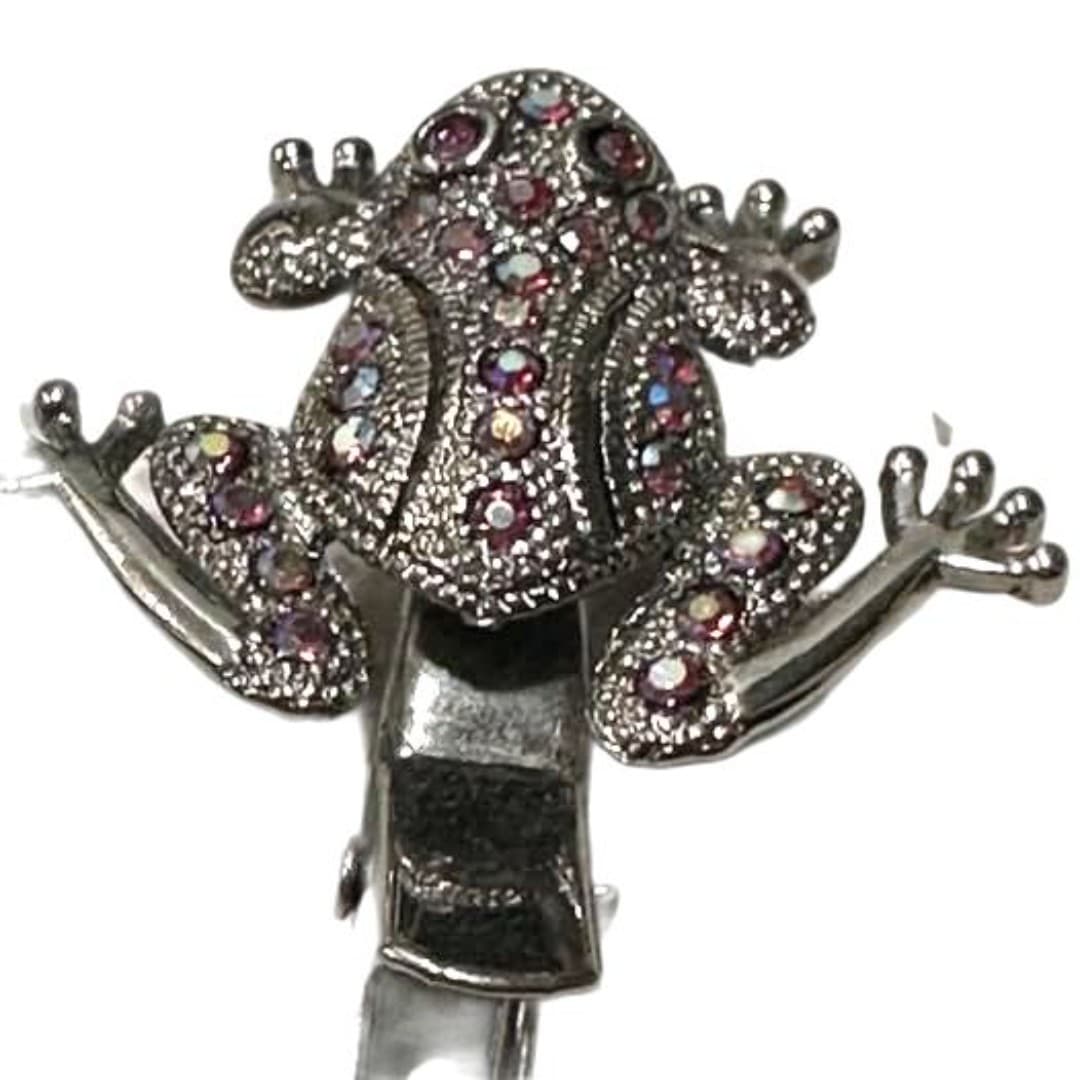 Elegant silver color frog hairpin with sparkling pink gemstones - Thumbnail 4