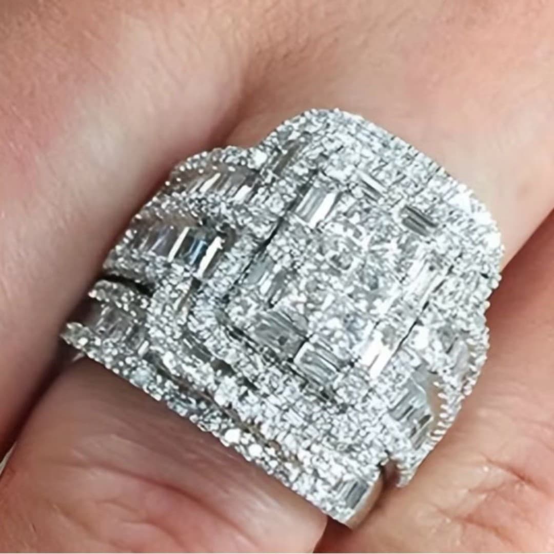 Elegant Ring Silvery Plated double Ring Zirconia Jewelry - Thumbnail 2