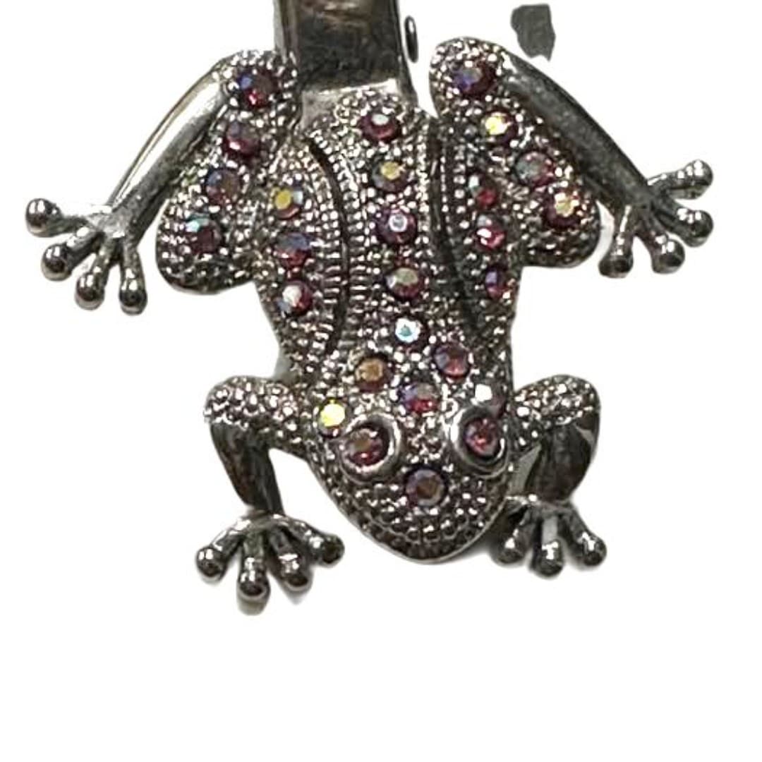 Elegant silver color frog hairpin with sparkling pink gemstones - Thumbnail 2