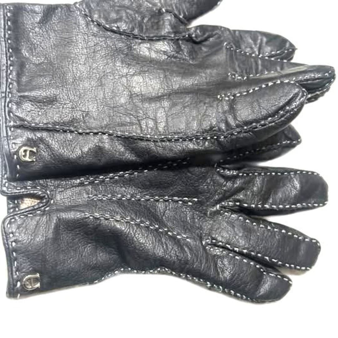 Vintage Etienne Aigner Black Soft Leather Gloves with White Stitching - Thumbnail 2
