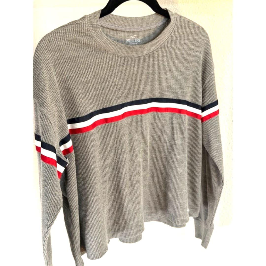 Hollister Gray Stripe Cropped Sweater Size XS Casual Long Sleeve Top - Thumbnail 3