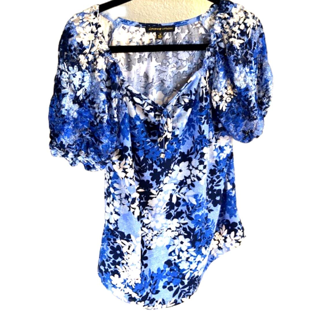 Adrienne Vittadini Blue Floral Blouse Size M Sheer Puff Sleeve Feminine Top - Image 1