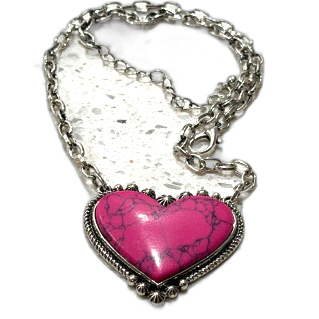 Pink Stone Heart Pendant Necklace Silver Tone Chain Statement Jewelry - Image 1