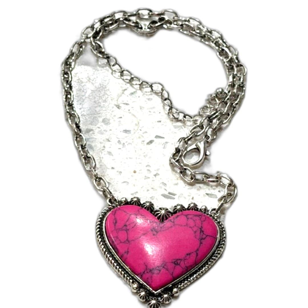 Pink Stone Heart Pendant Necklace Silver Tone Chain Statement Jewelry - Thumbnail 3