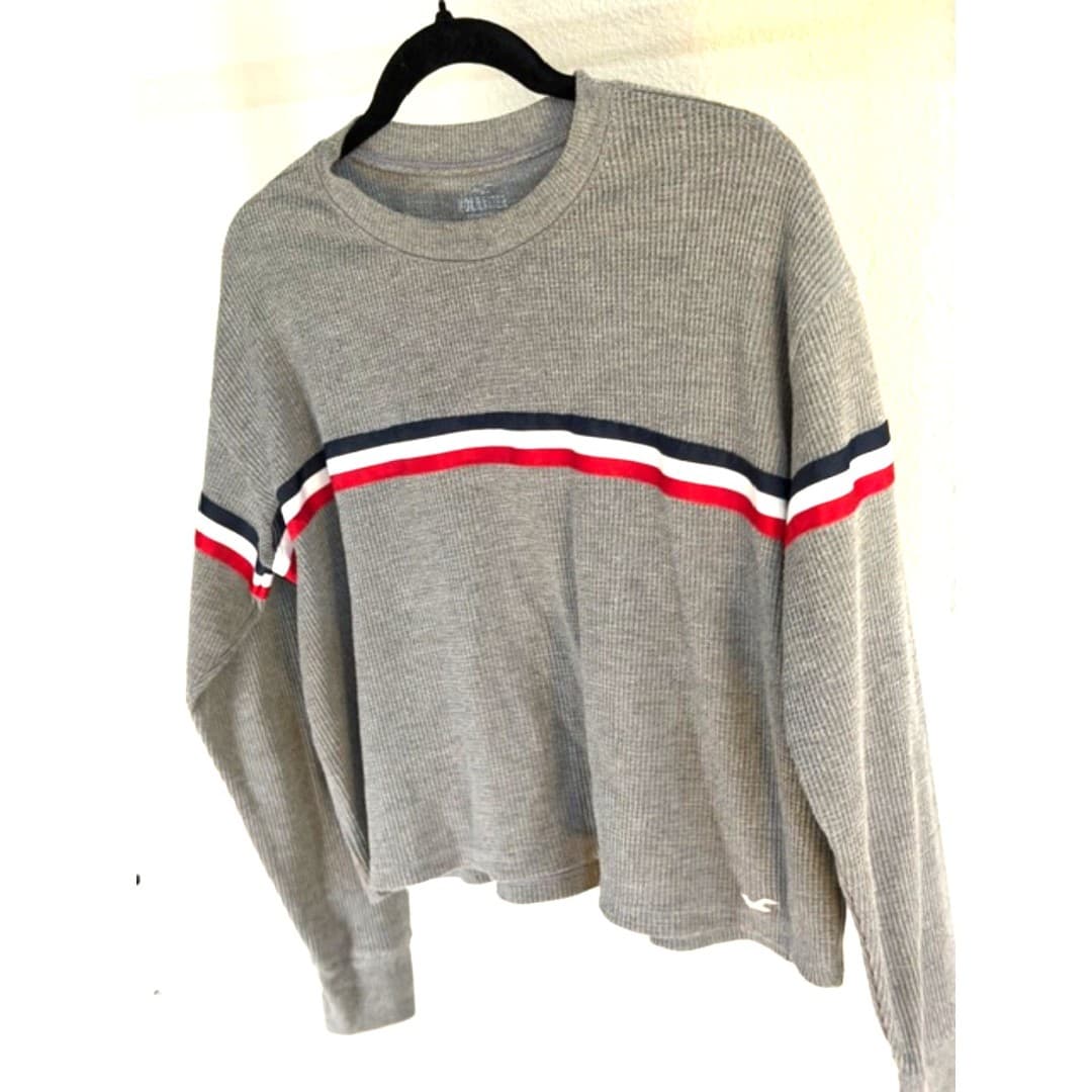 Hollister Gray Stripe Cropped Sweater Size XS Casual Long Sleeve Top - Thumbnail 2