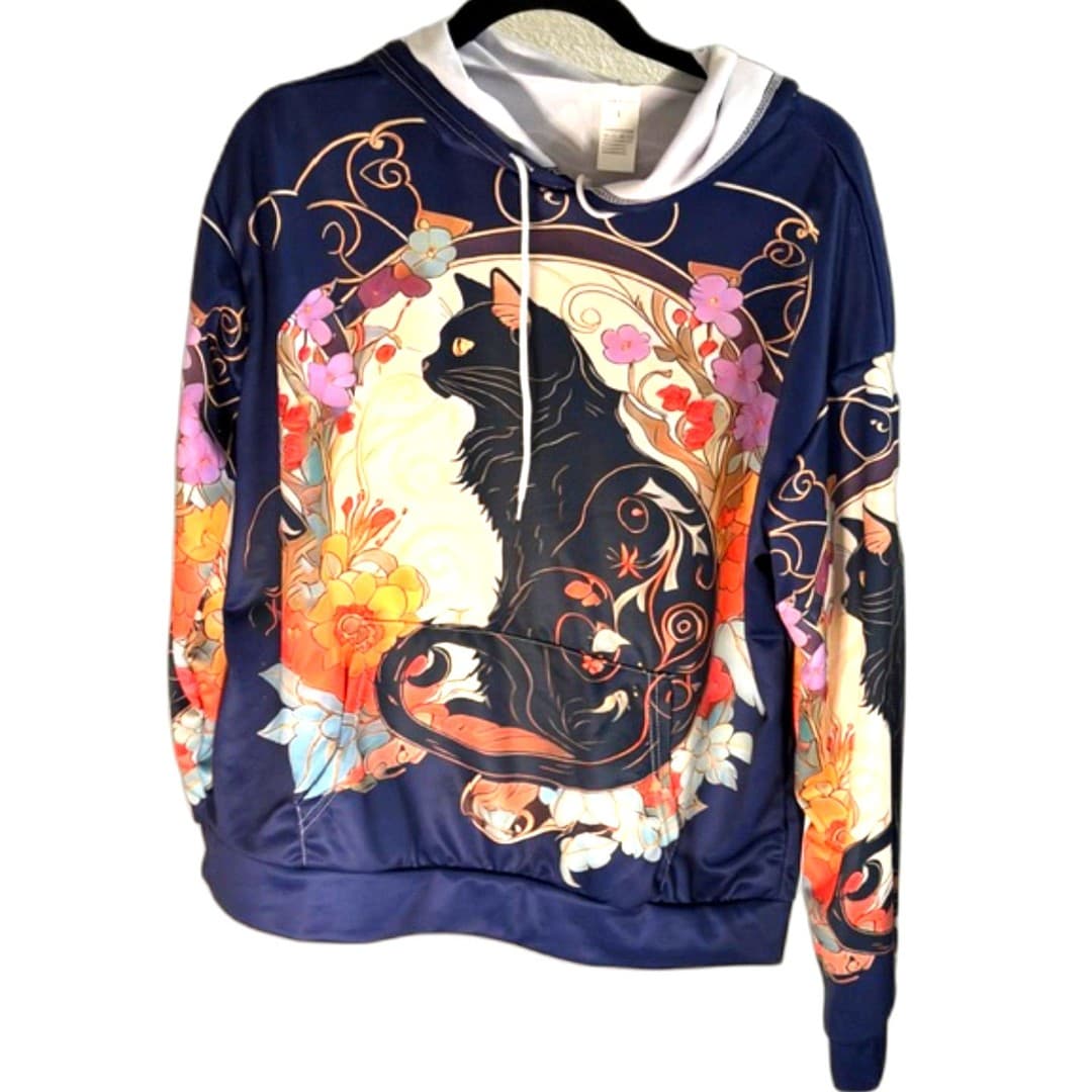 Women’s Graphic Hoodie Cat Floral Print Size L Casual Sweatshirt - Thumbnail 2